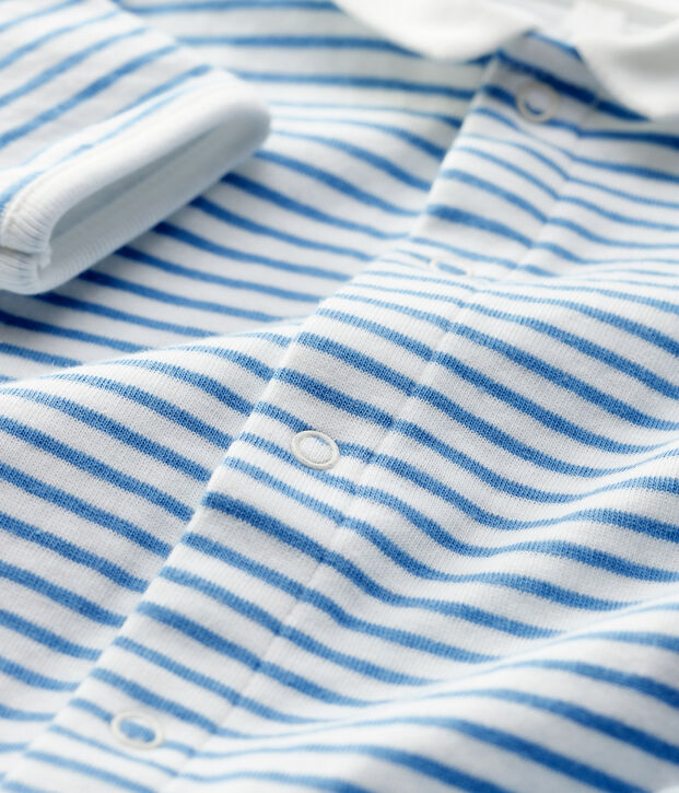Pelele con cuello a rayas azules de beb&eacute; de algod&oacute;n org&aacute;nico blanco/azul